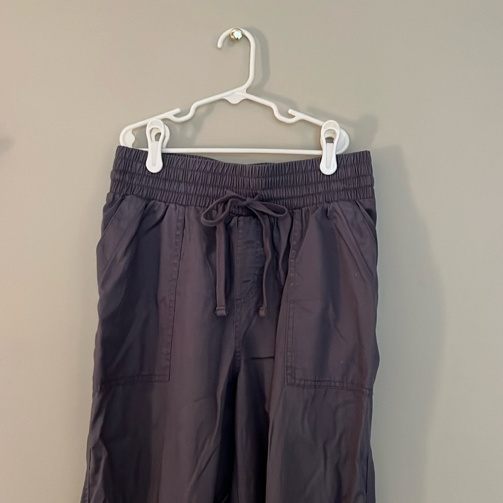 purple canvas cargo pants with side and back pockets, joggers